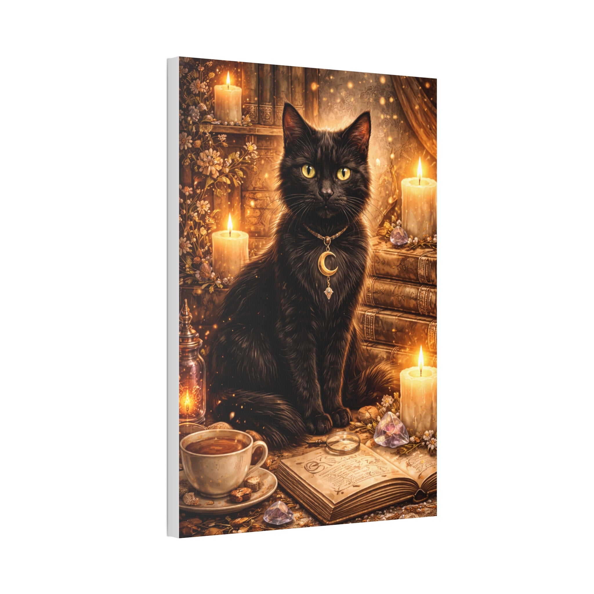 Mystic Black Cat Canvas | Stretched Wall Art, Witchy Moon Cat