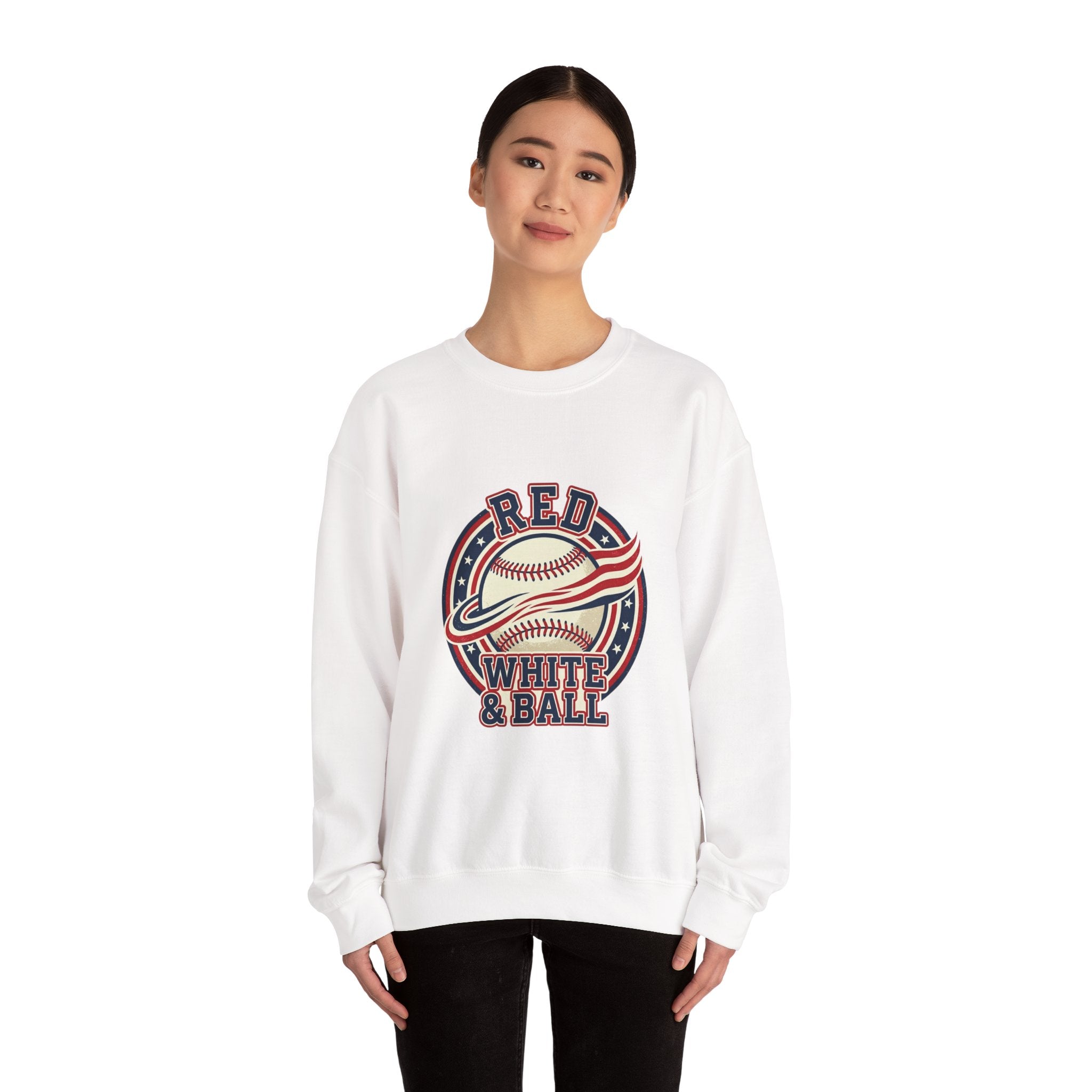Red White & Ball Baseball Sweatshirt | Patriotic Baseball Graphic, Vintage Ballpark Aesthetic