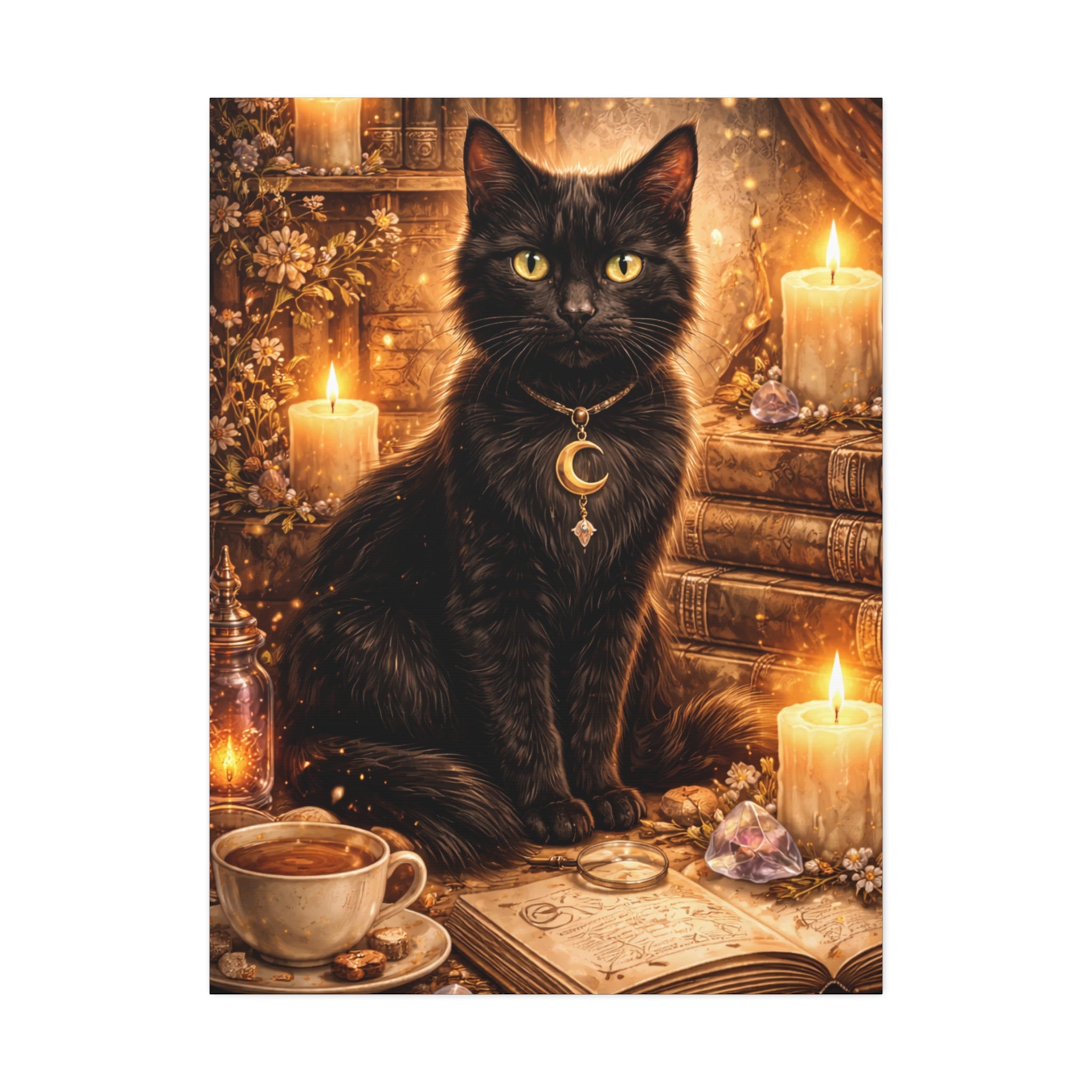 Mystic Black Cat Canvas | Stretched Wall Art, Witchy Moon Cat