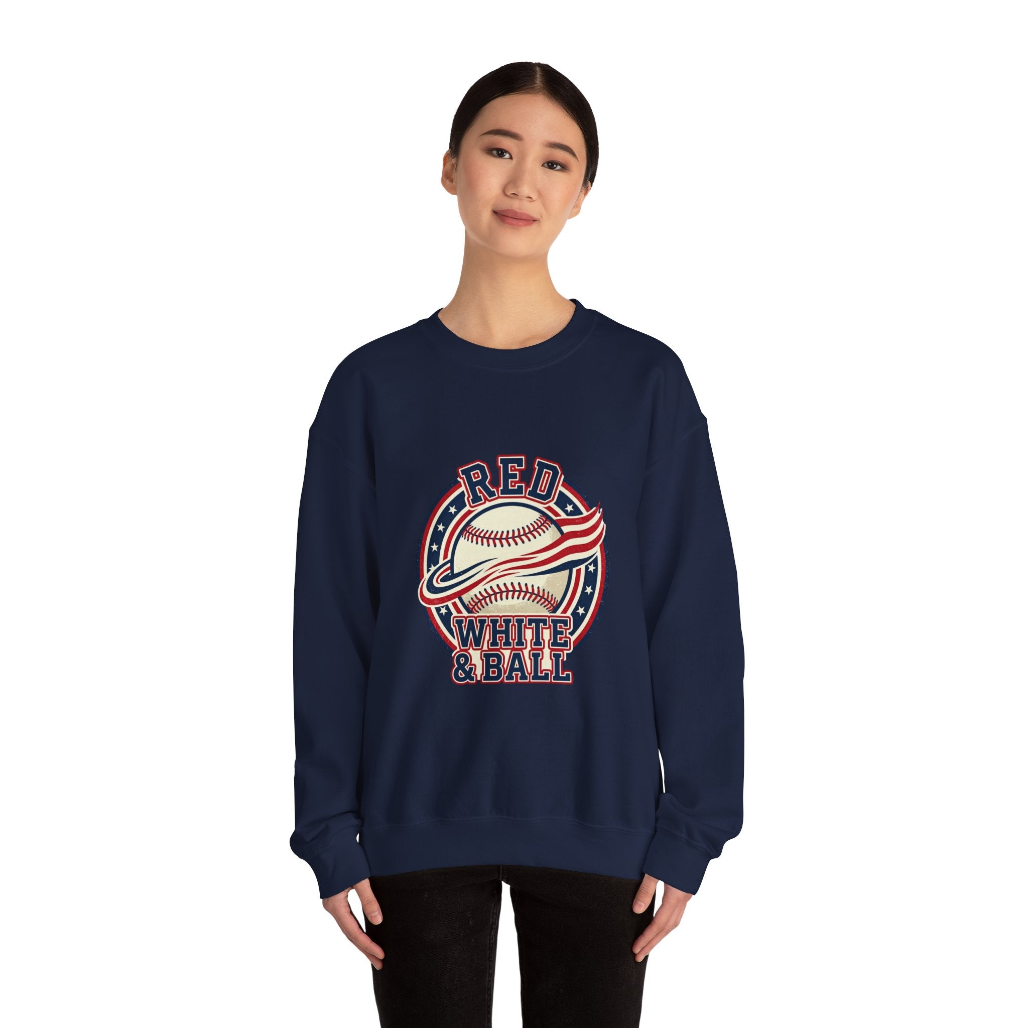 Red White & Ball Baseball Sweatshirt | Patriotic Baseball Graphic, Vintage Ballpark Aesthetic