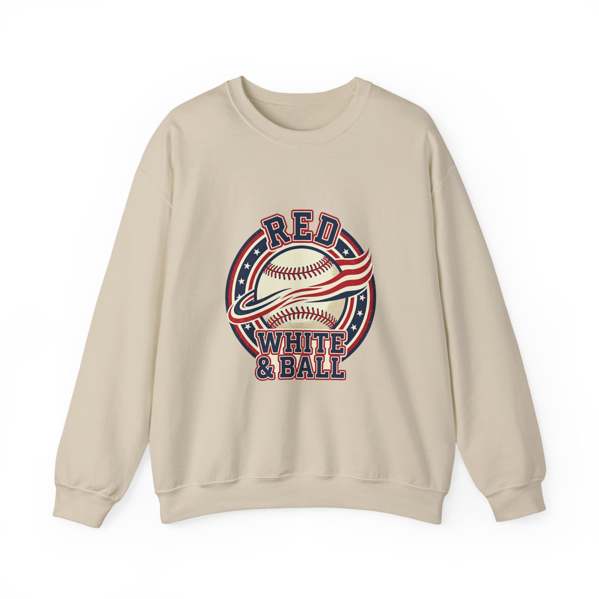 Red White & Ball Baseball Sweatshirt | Patriotic Baseball Graphic, Vintage Ballpark Aesthetic