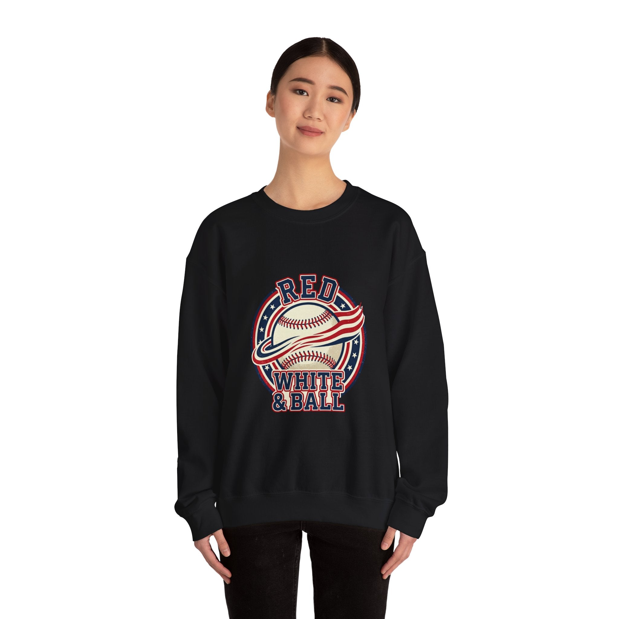 Red White & Ball Baseball Sweatshirt | Patriotic Baseball Graphic, Vintage Ballpark Aesthetic