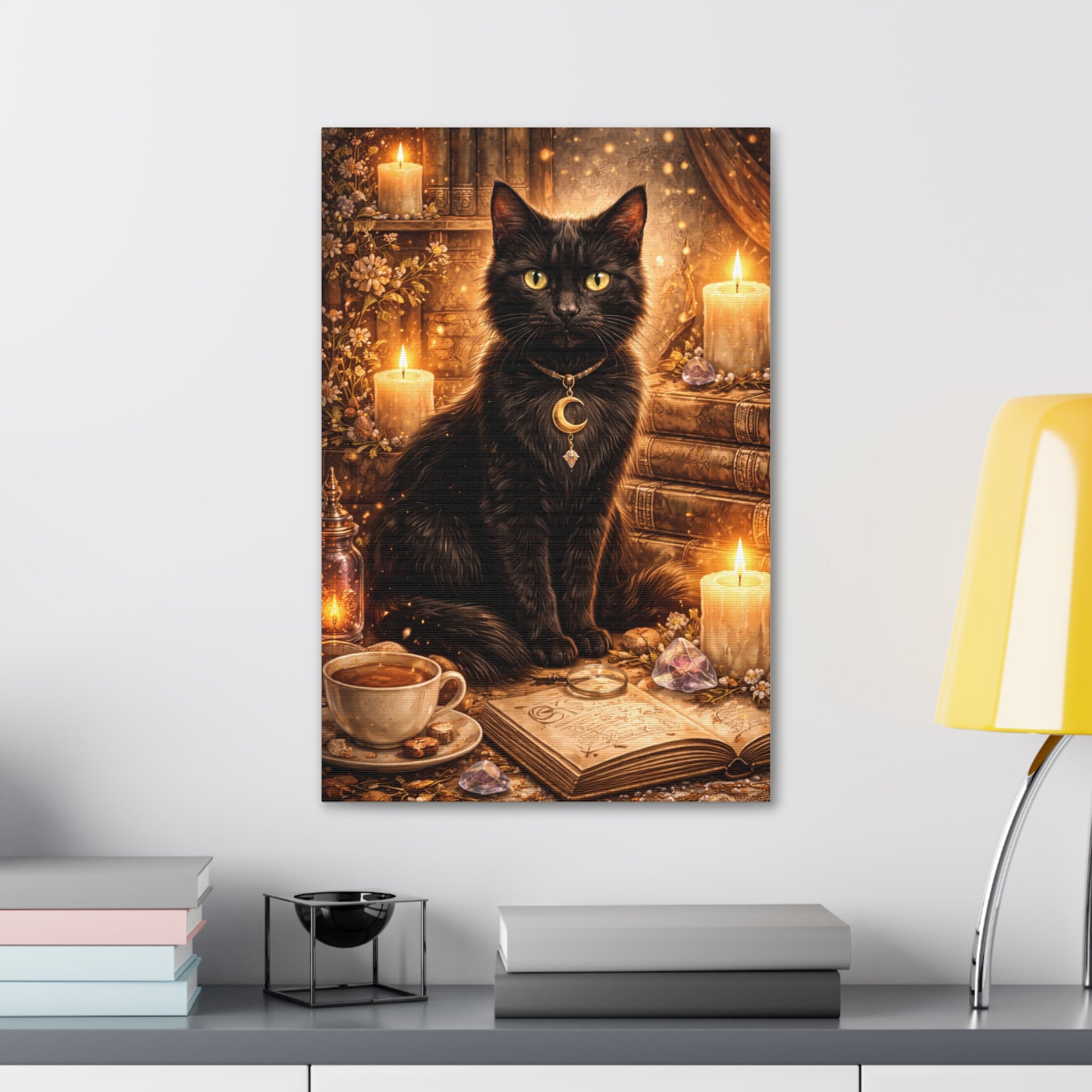 Mystic Black Cat Canvas | Stretched Wall Art, Witchy Moon Cat