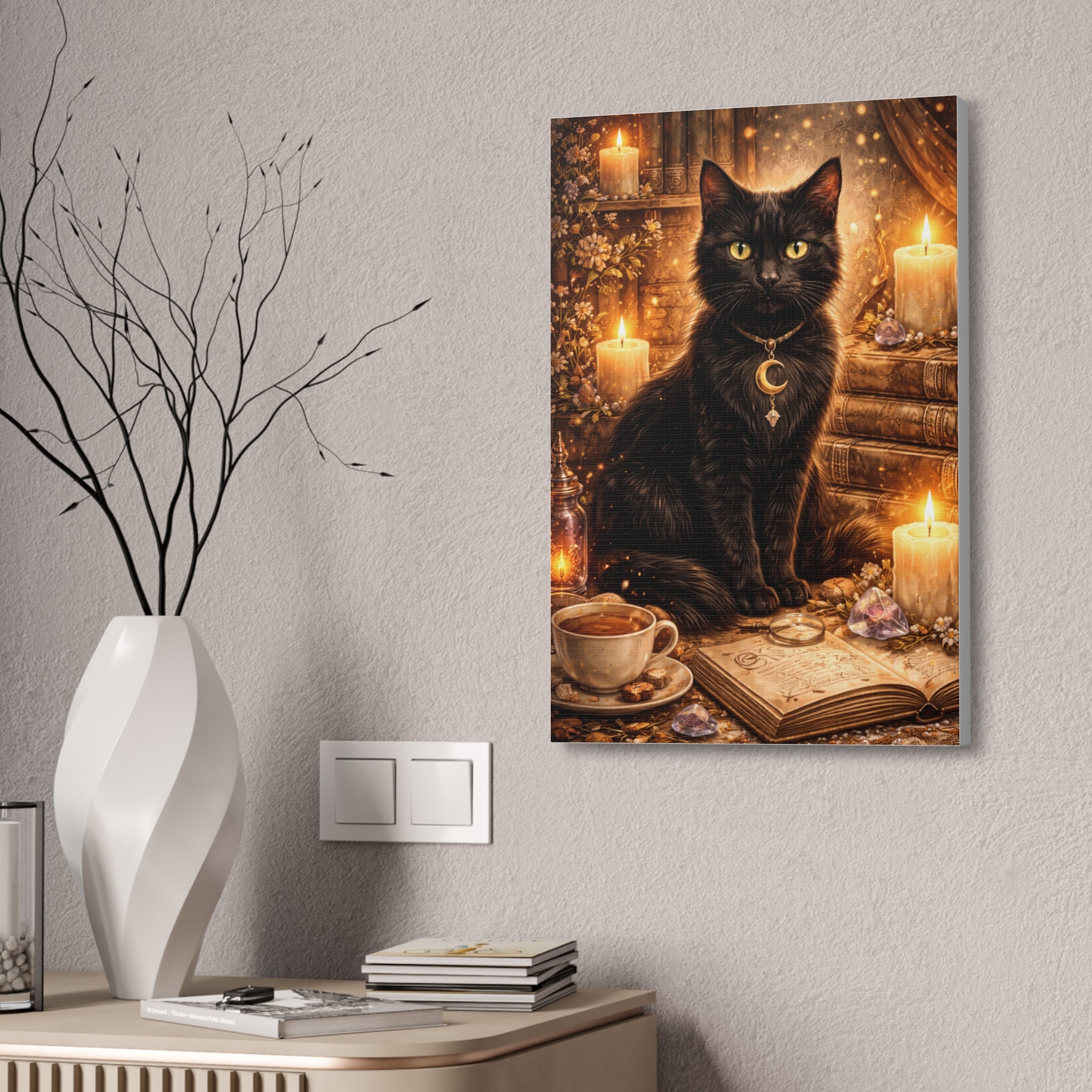 Mystic Black Cat Canvas | Stretched Wall Art, Witchy Moon Cat