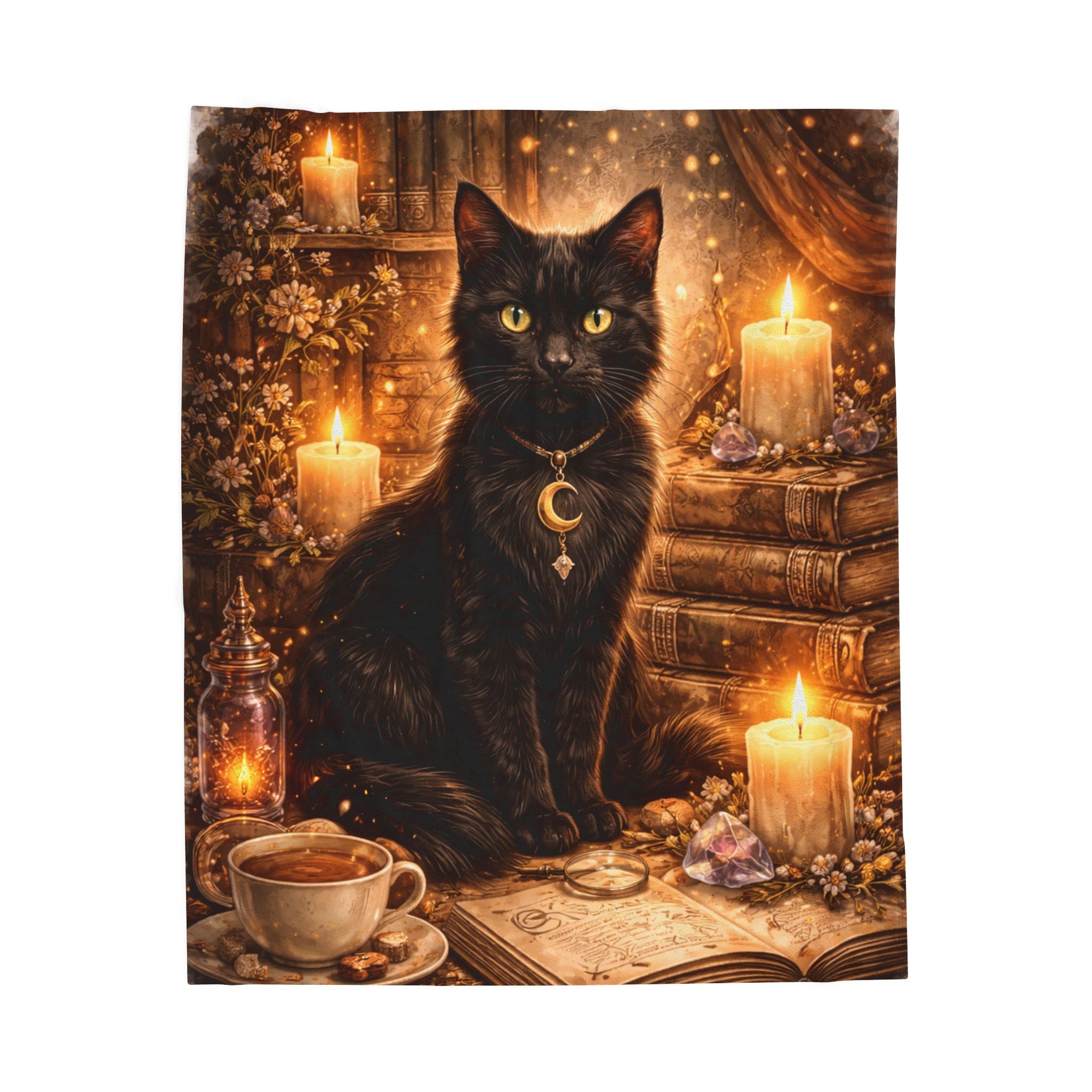 Black Witch Cat with Candles Velveteen Plush Blanket | Mystic Book Tea Scene