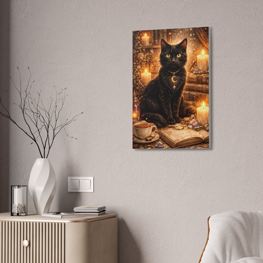 Mystic Black Cat Canvas | Stretched Wall Art, Witchy Moon Cat