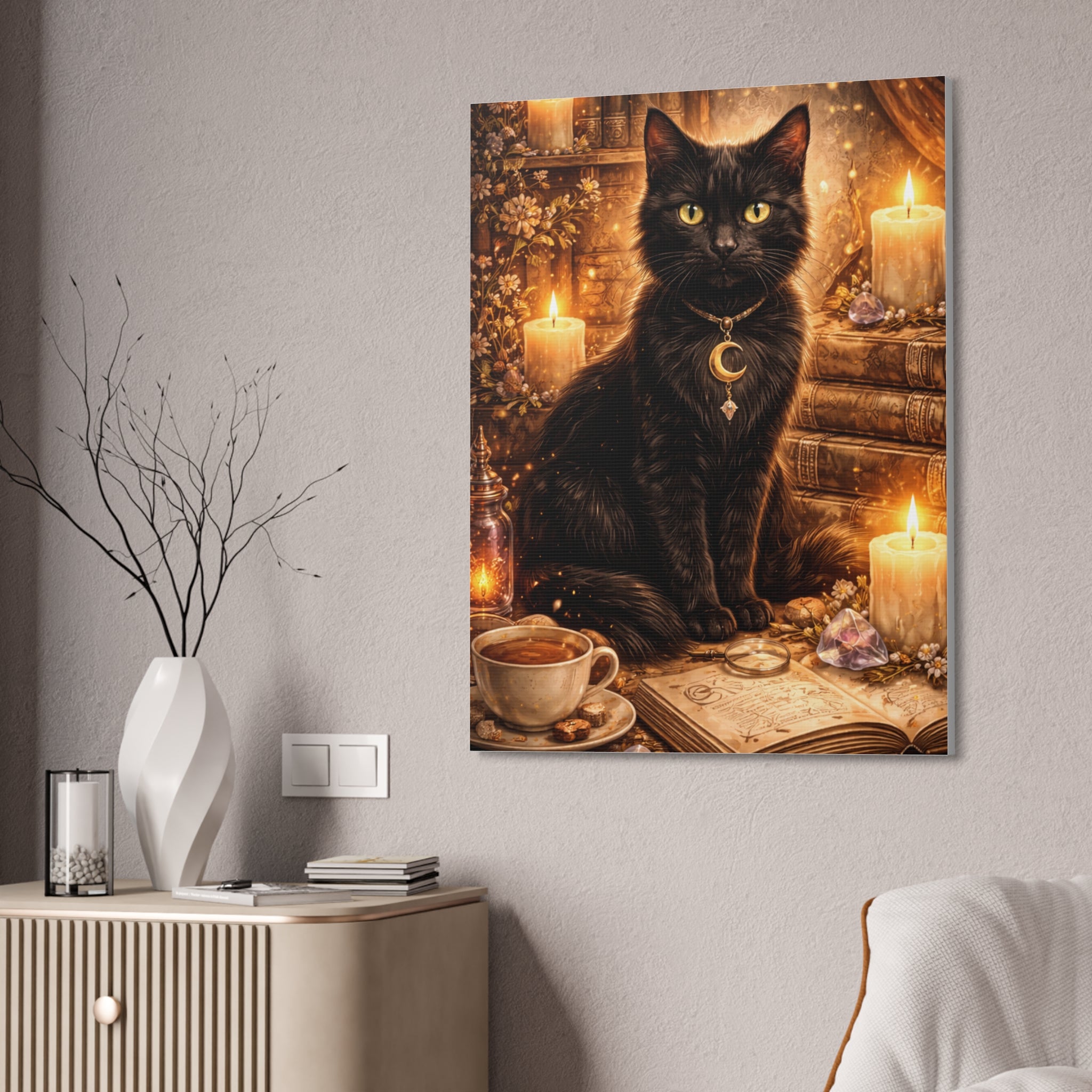 Mystic Black Cat Canvas | Stretched Wall Art, Witchy Moon Cat