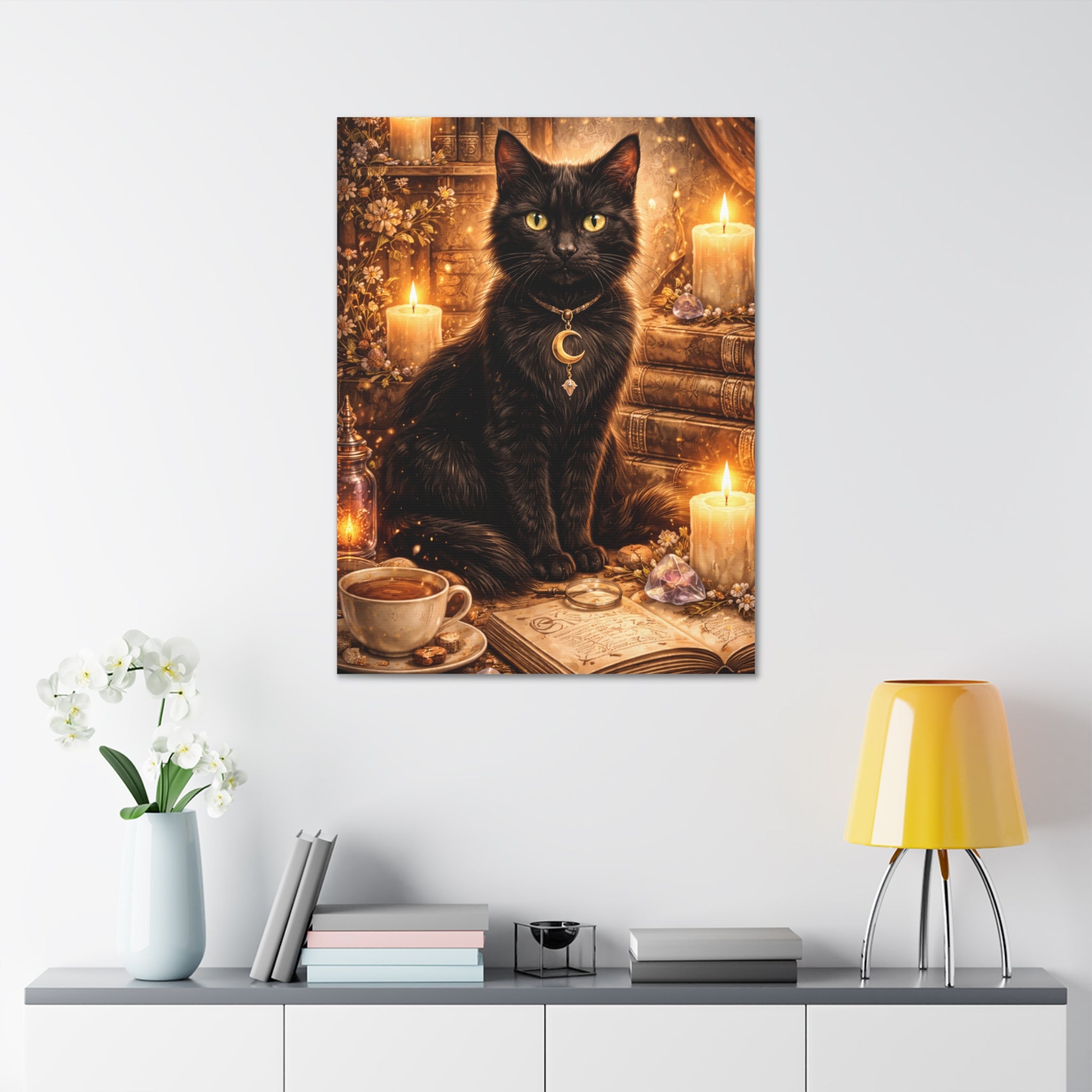 Mystic Black Cat Canvas | Stretched Wall Art, Witchy Moon Cat