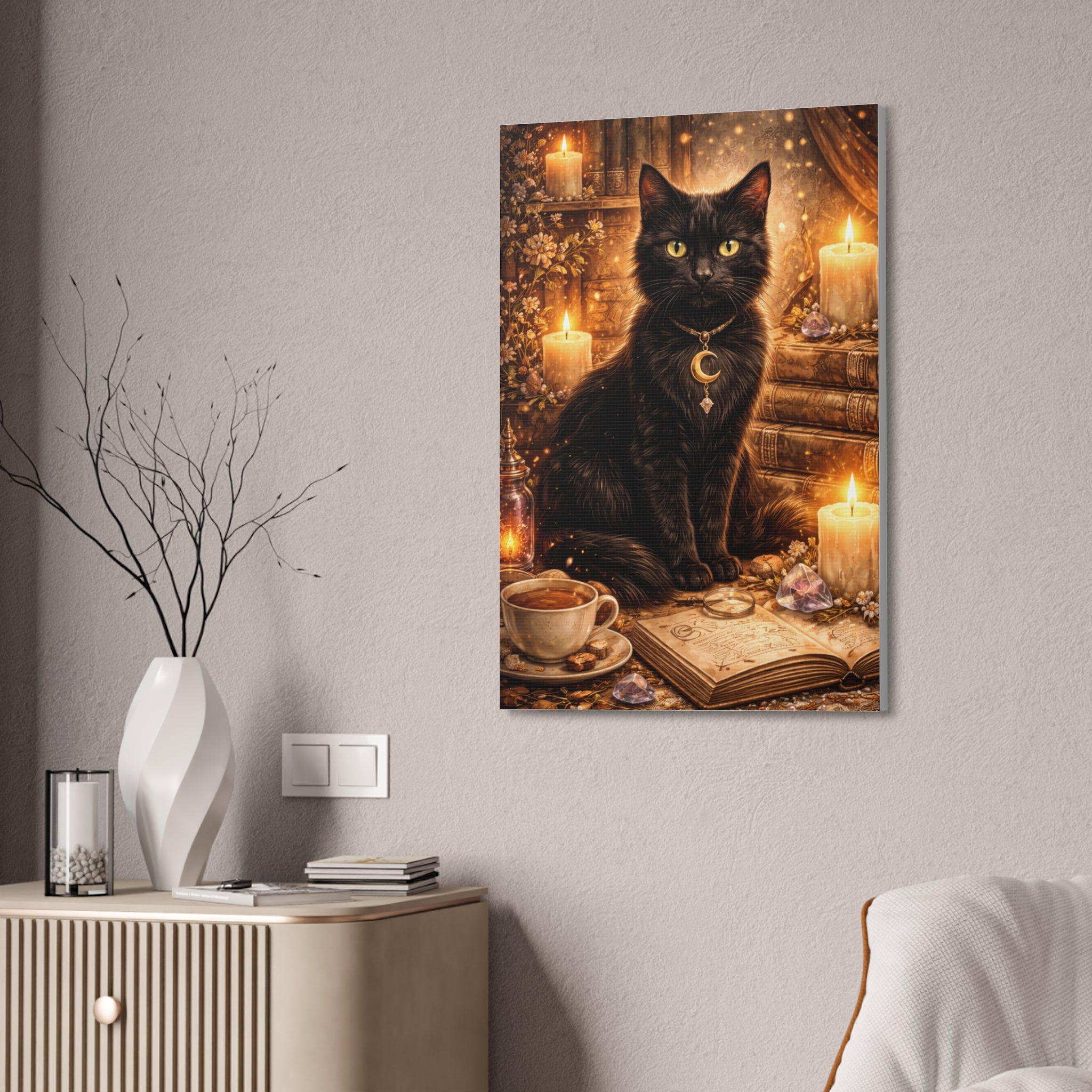 Mystic Black Cat Canvas | Stretched Wall Art, Witchy Moon Cat