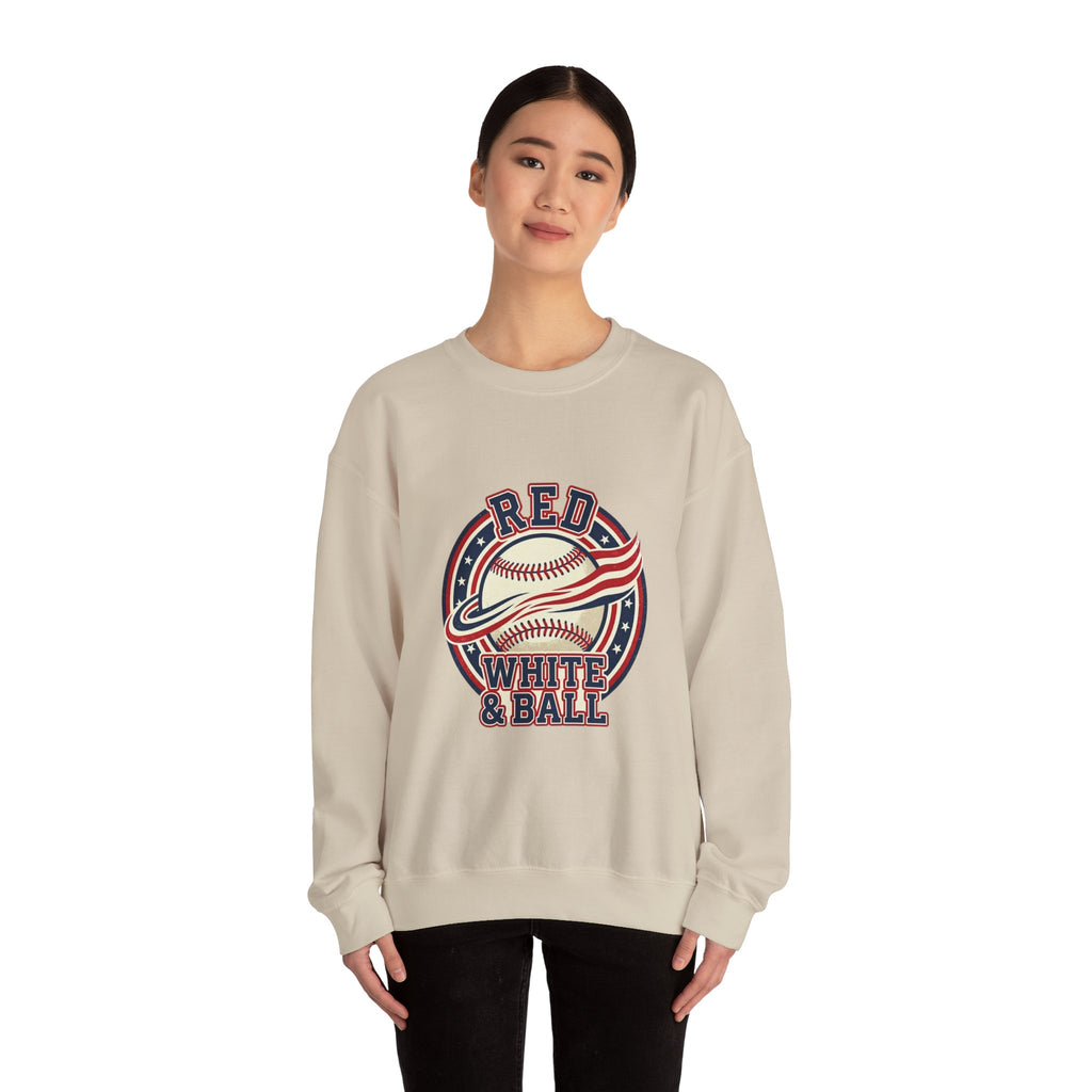 Red White & Ball Baseball Sweatshirt | Patriotic Baseball Graphic, Vintage Ballpark Aesthetic