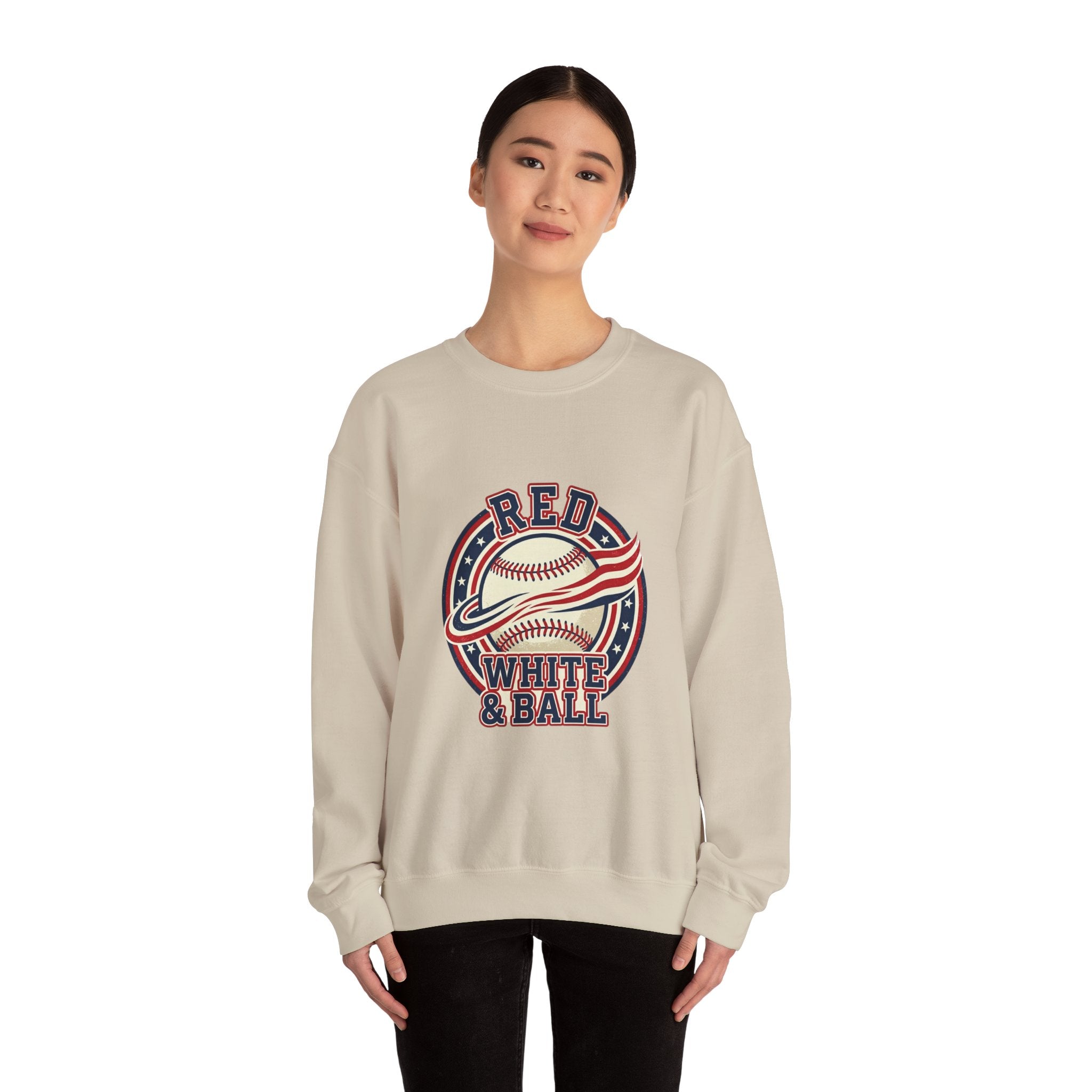 Red White & Ball Baseball Sweatshirt | Patriotic Baseball Graphic, Vintage Ballpark Aesthetic