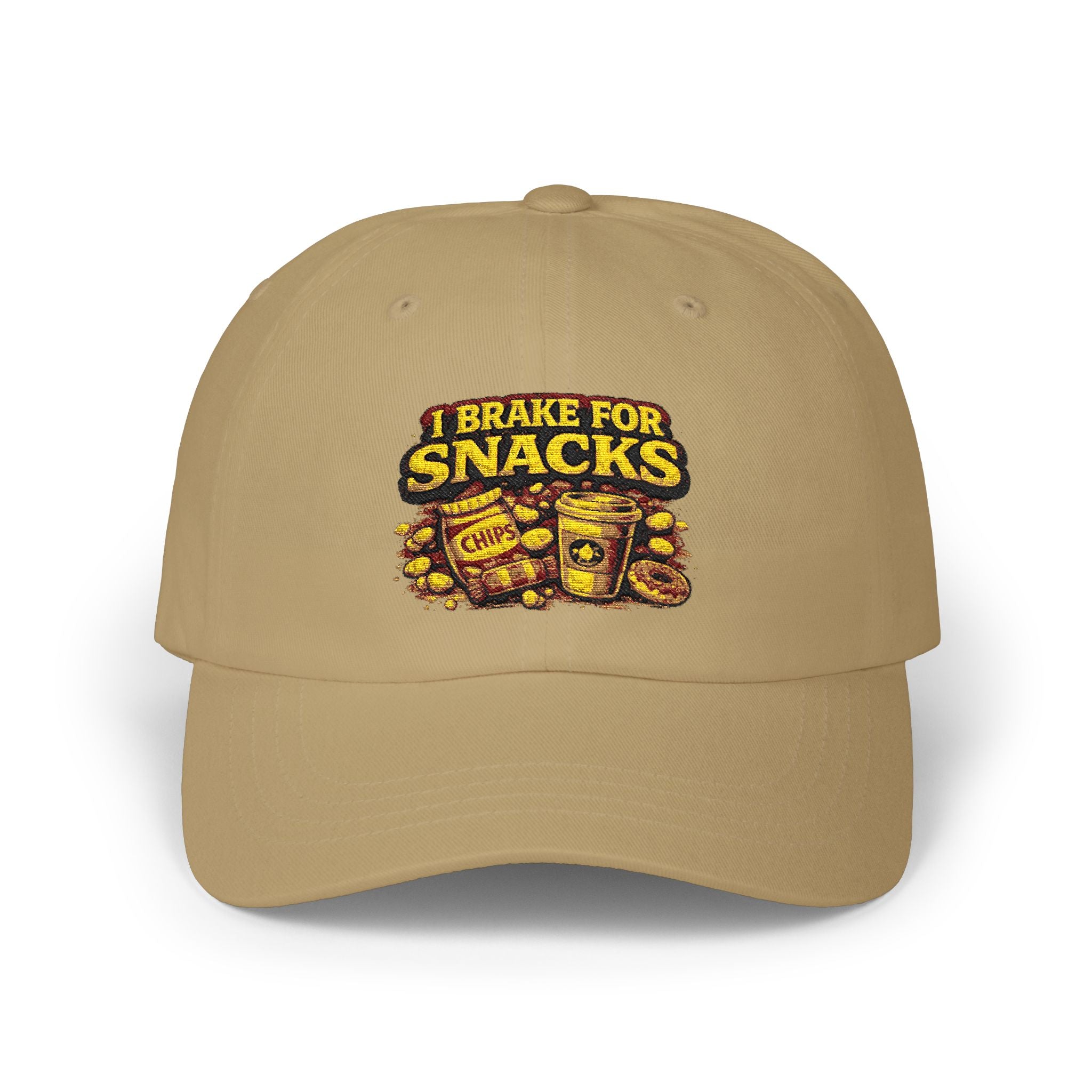 I Brake For Snacks Dad Cap – Funny Snack Lover Hat, Embroidered Chips & Cookies Design