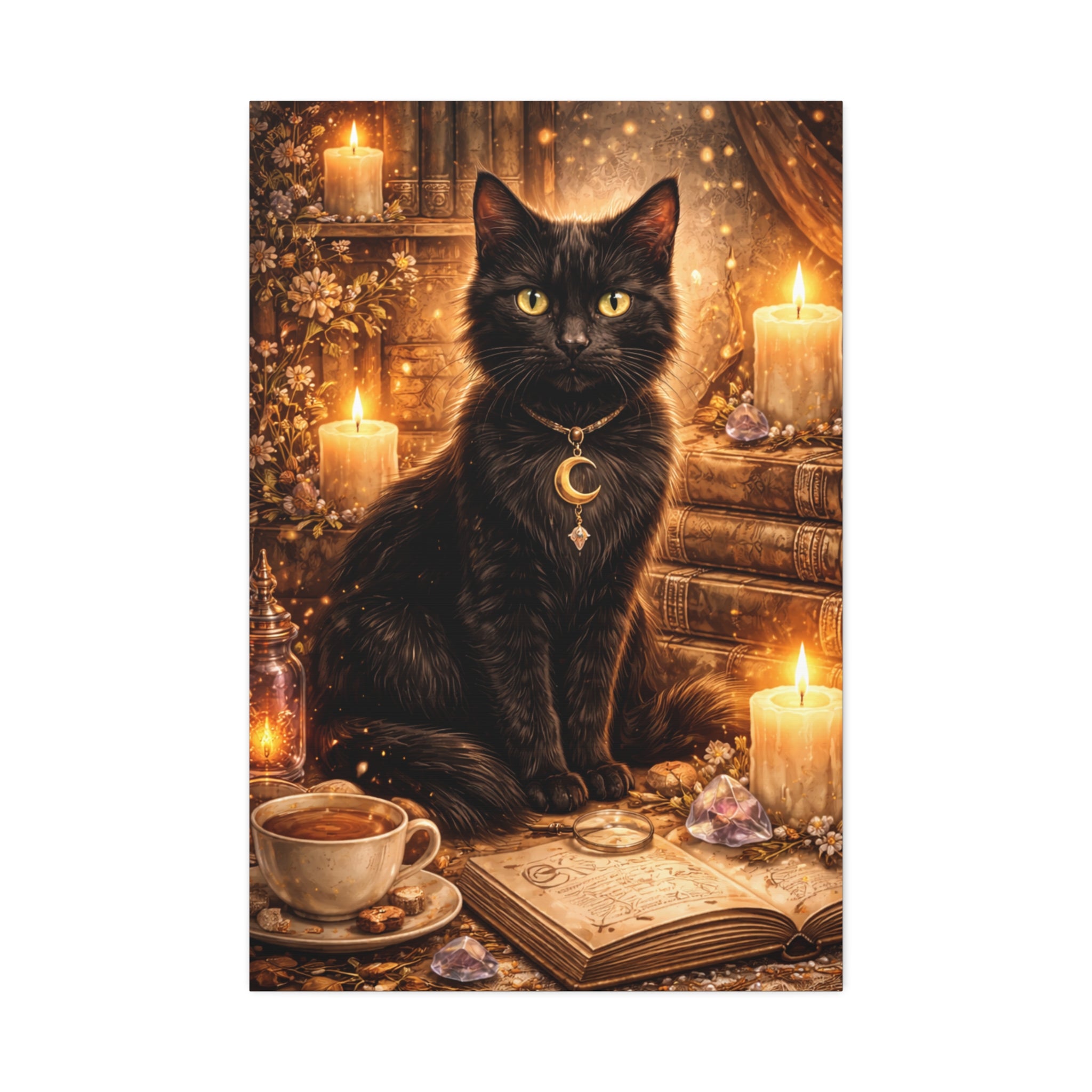 Mystic Black Cat Canvas | Stretched Wall Art, Witchy Moon Cat