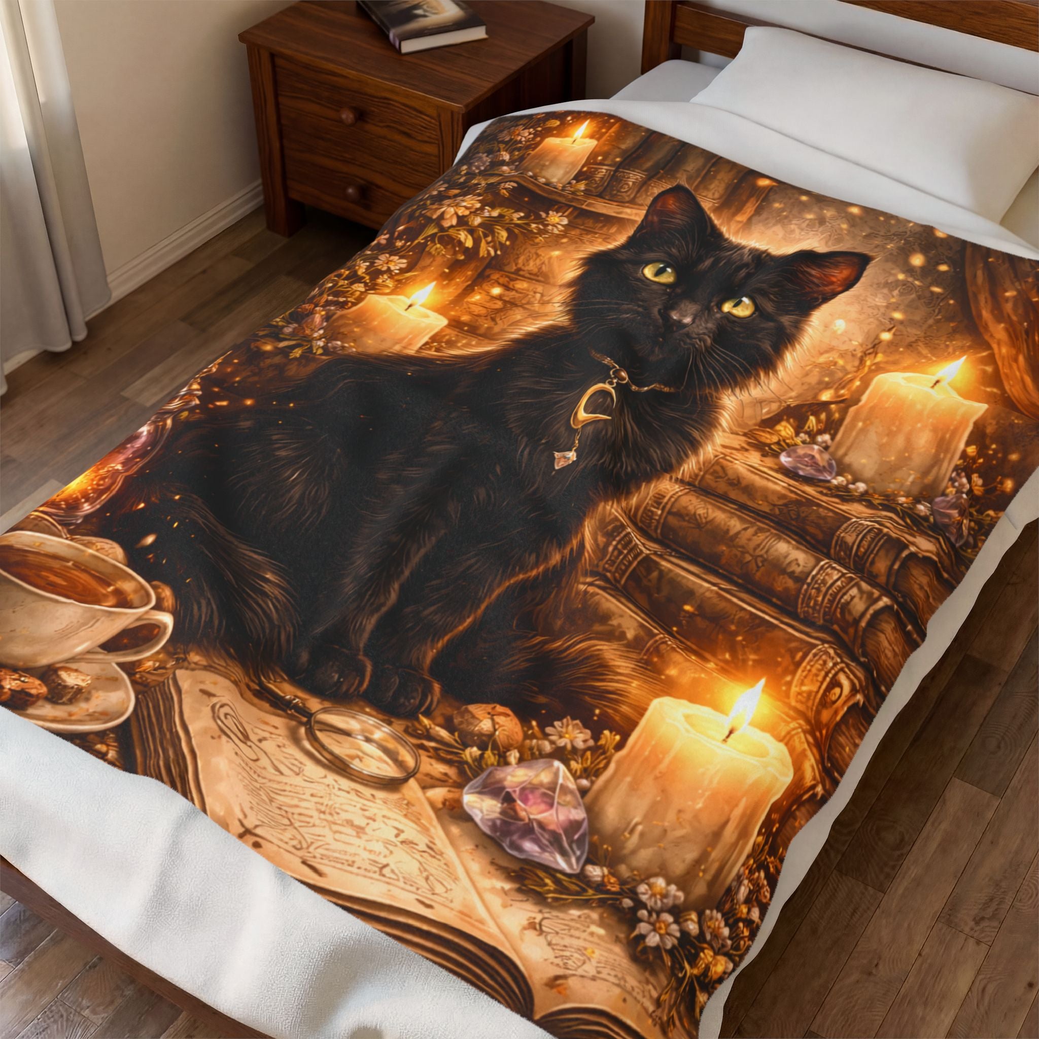 Black Witch Cat with Candles Velveteen Plush Blanket | Mystic Book Tea Scene