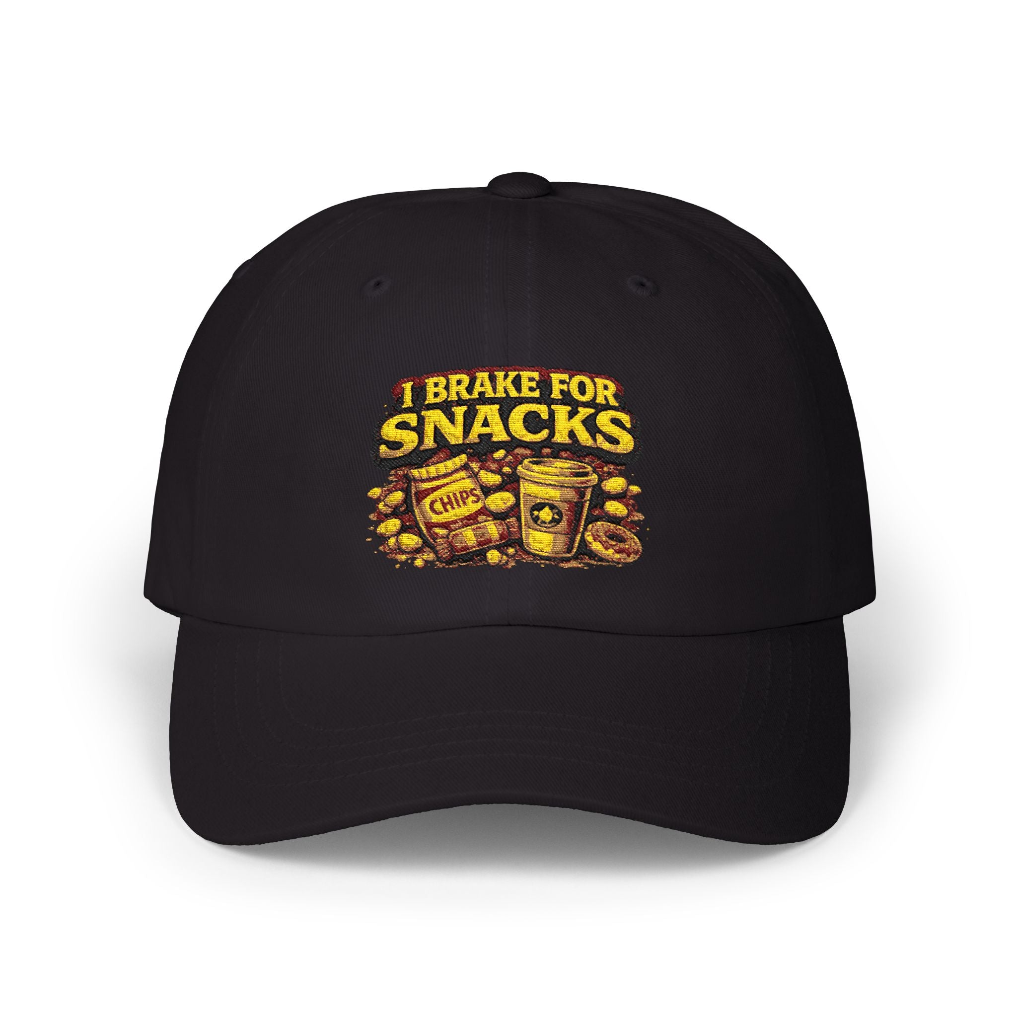 I Brake For Snacks Dad Cap – Funny Snack Lover Hat, Embroidered Chips & Cookies Design