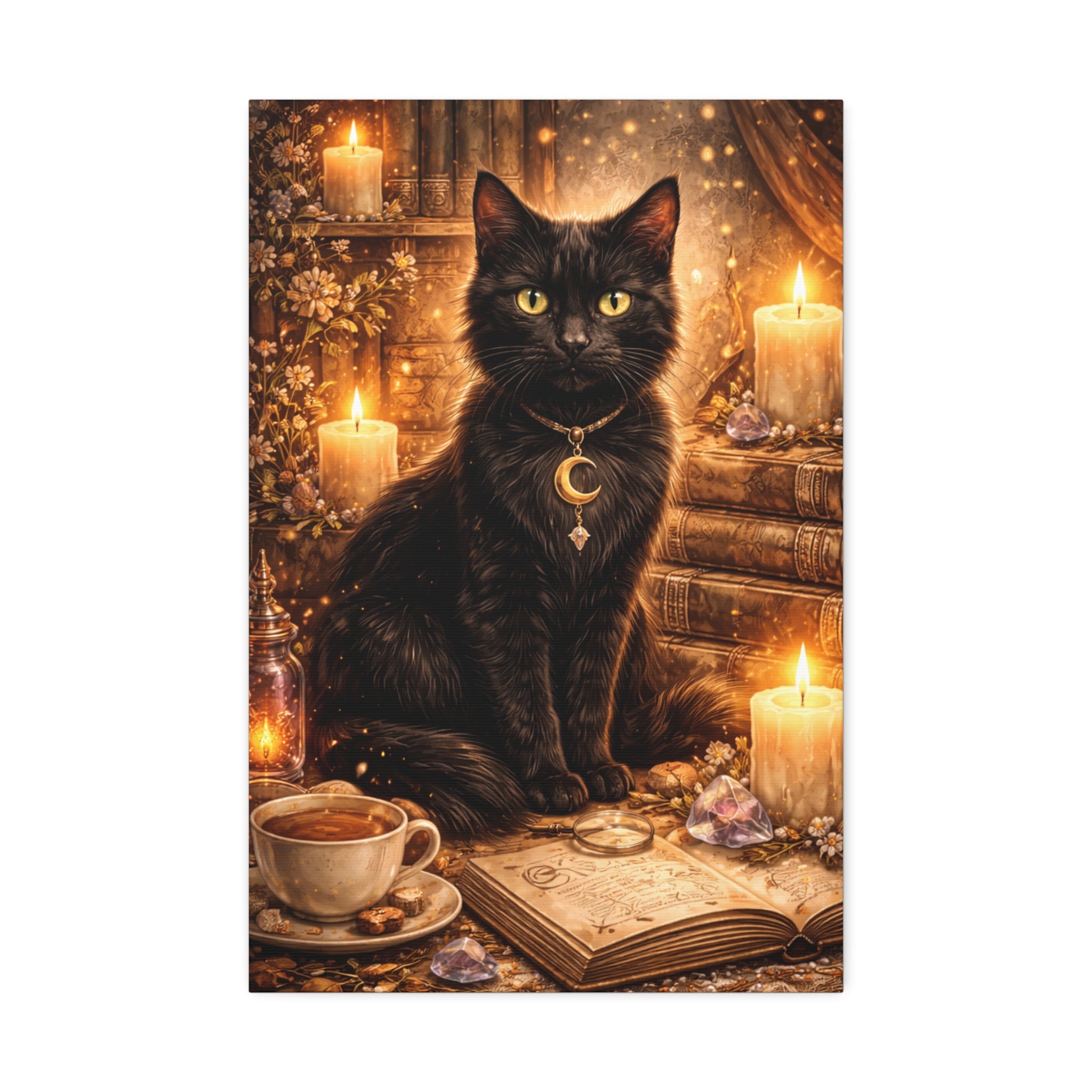 Mystic Black Cat Canvas | Stretched Wall Art, Witchy Moon Cat