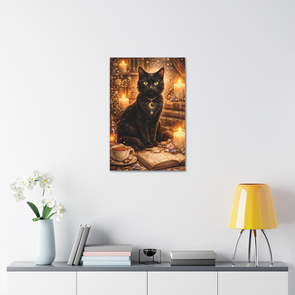 Mystic Black Cat Canvas | Stretched Wall Art, Witchy Moon Cat