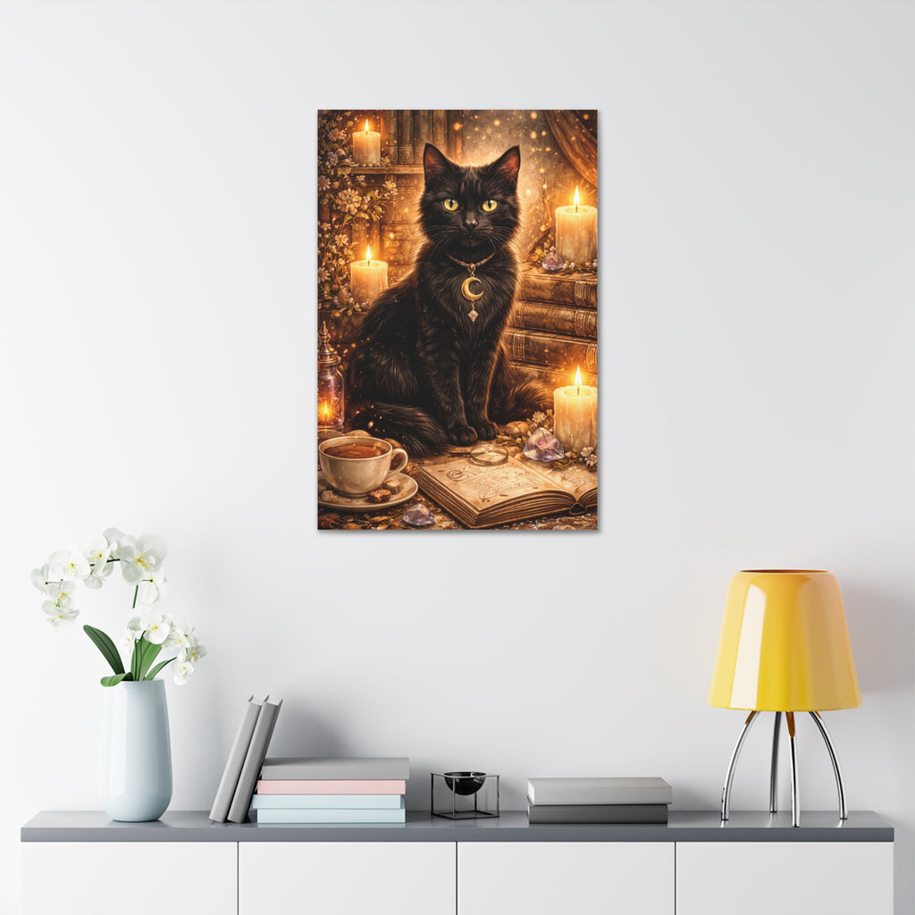 Mystic Black Cat Canvas | Stretched Wall Art, Witchy Moon Cat