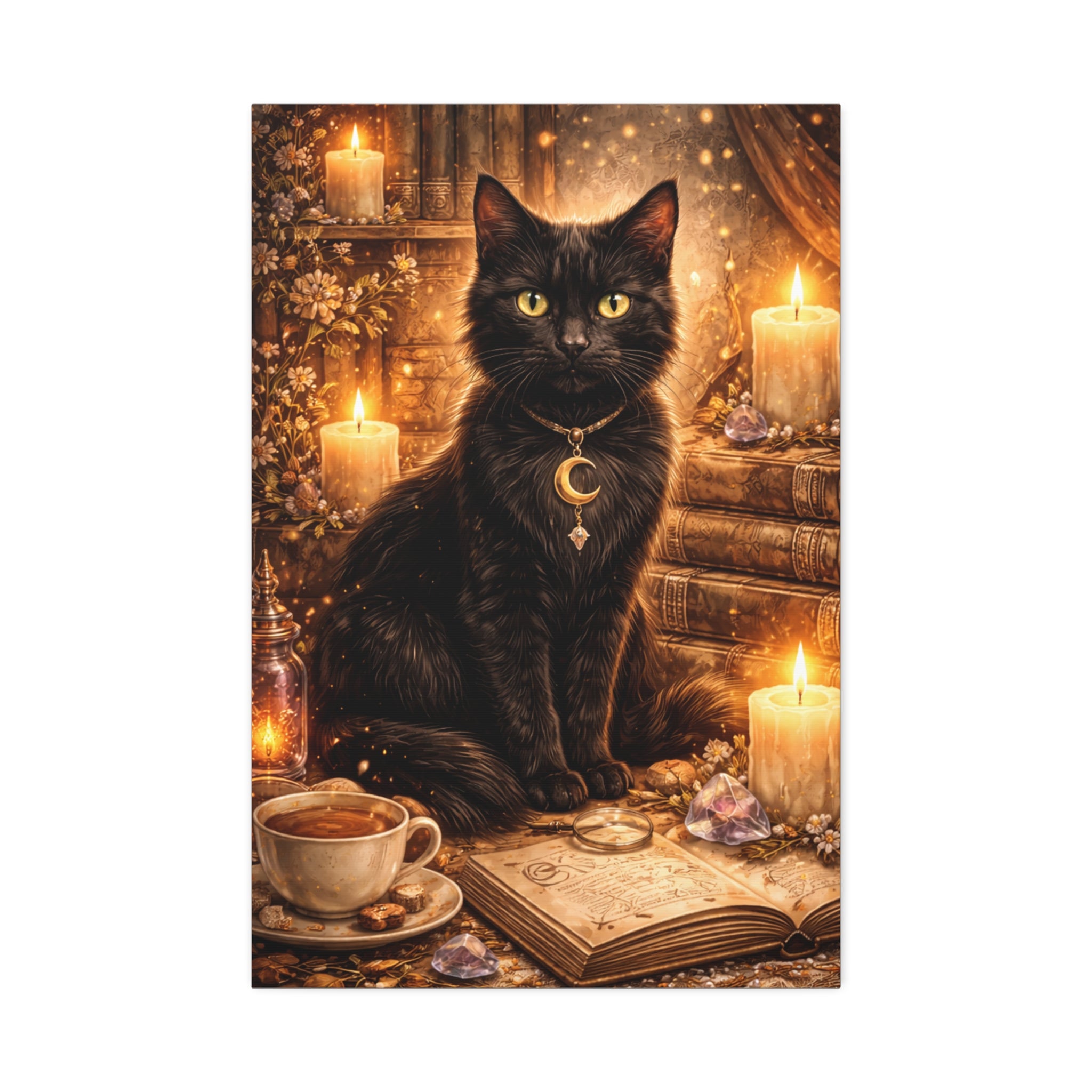 Mystic Black Cat Canvas | Stretched Wall Art, Witchy Moon Cat