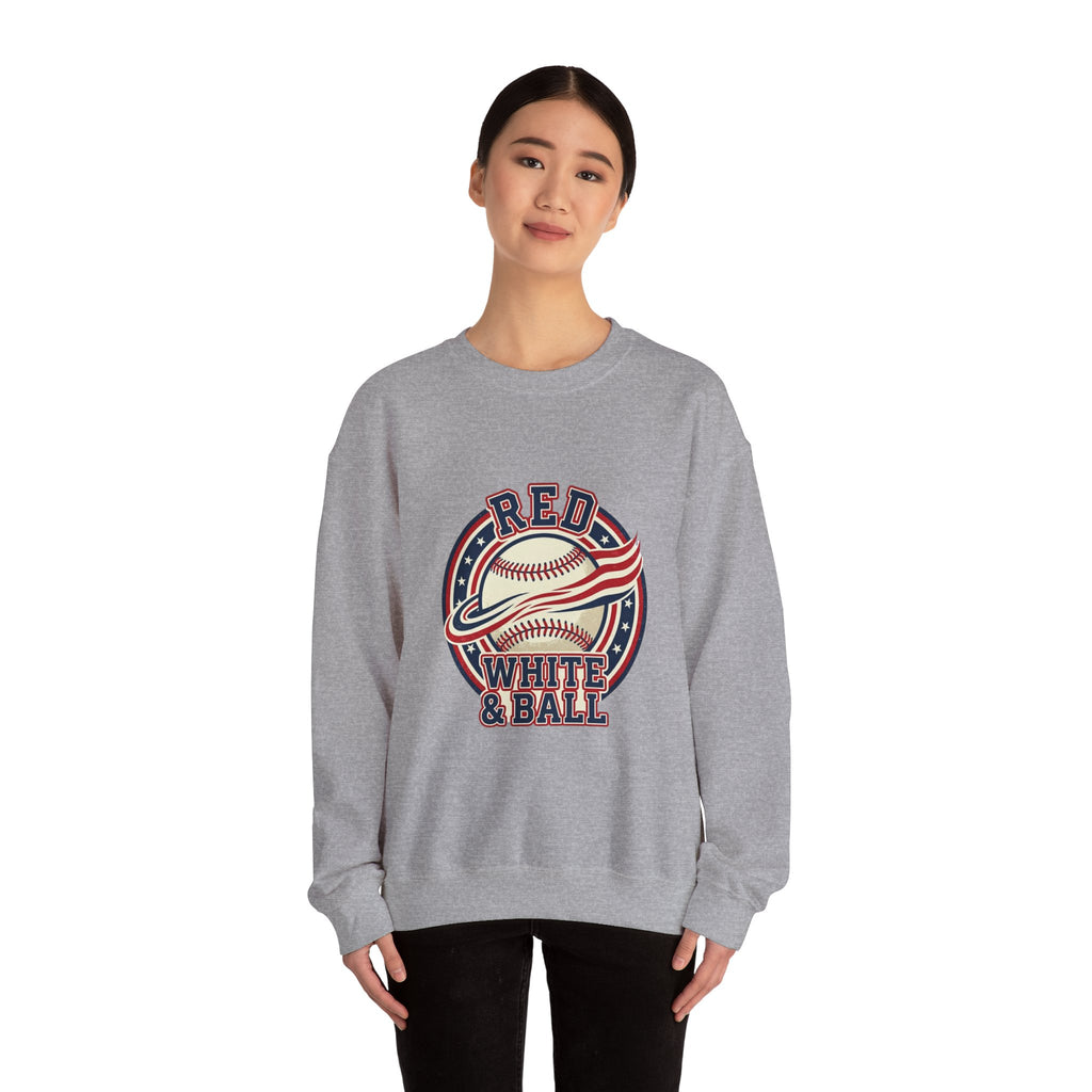 Red White & Ball Baseball Sweatshirt | Patriotic Baseball Graphic, Vintage Ballpark Aesthetic