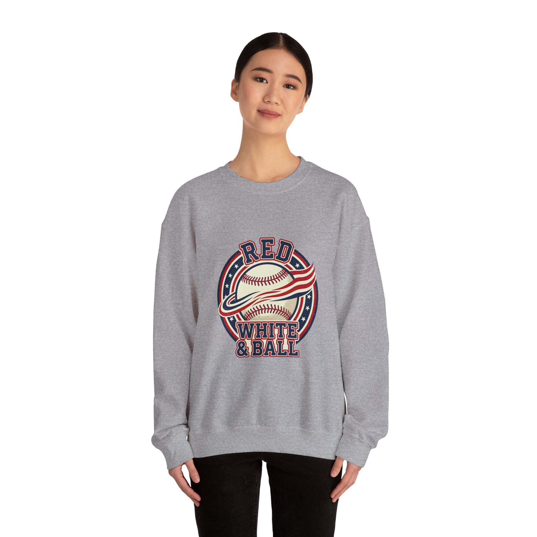 Red White & Ball Baseball Sweatshirt | Patriotic Baseball Graphic, Vintage Ballpark Aesthetic